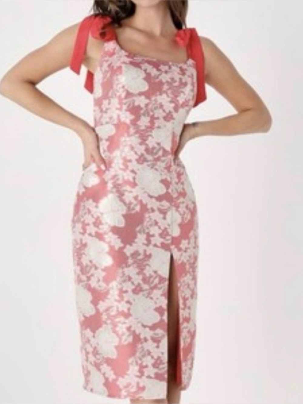 Lulu's Red Floral Jacquard Tie-Shoulder Midi Dress
